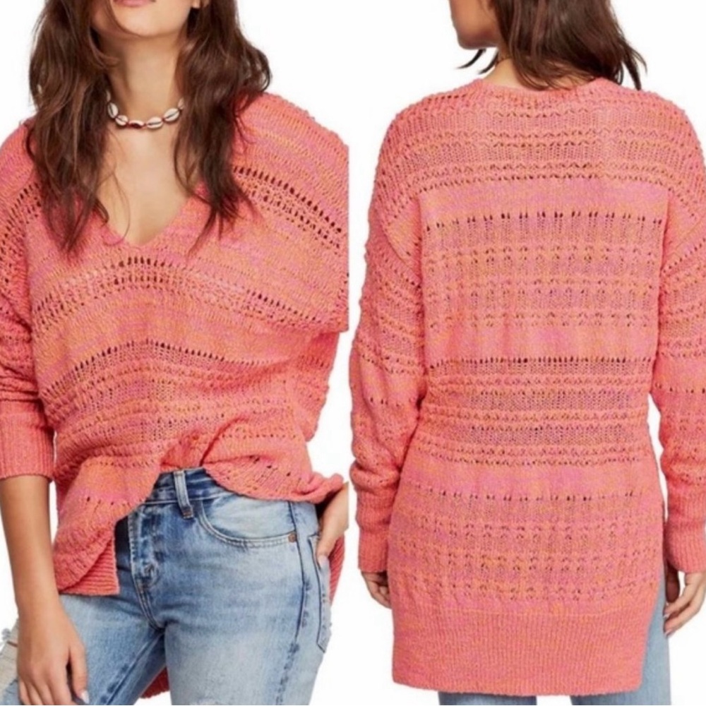 Free People Hot Tropics V-Neck Sweater Pink Large NWT - Picture 2 of 16